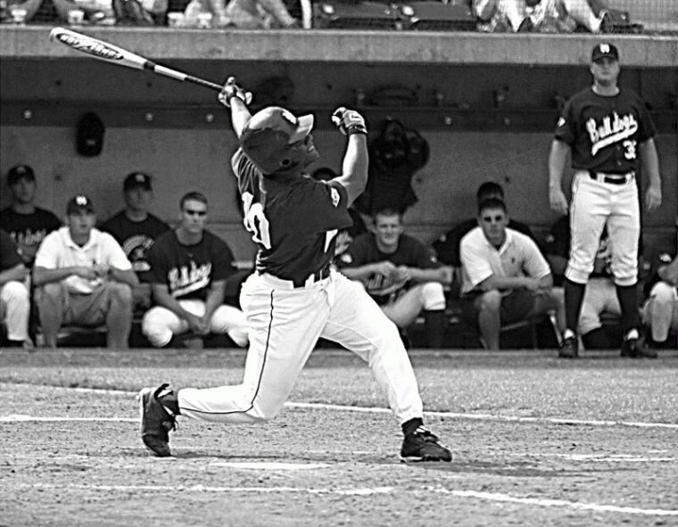 Mississippi State senior outfielder Michael Brown takes a swing at an Arkansas pitch.