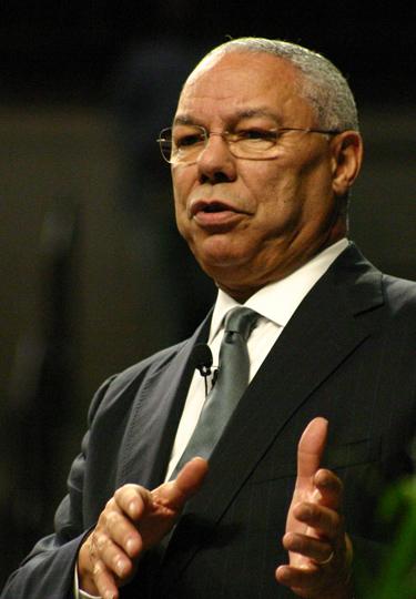 Gen. Colin Powell lectures to over 4,500 of guests at the Humphrey Coliseum Wednesday night, speaking about leadership strategies and service.
