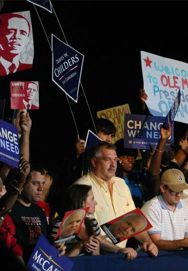 Supporters gather in the Grove Friday to show support for their candidates, parties and ideologies as the national spotlight descended on Oxford. Visitors, guests and journalists from around the nation visited Ole Miss this week for the first presidential debate of the year.