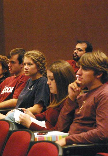 Students gather in Fowlkes Auditorium in the Colvard Student Union Tuesday to voice concerns and ideas to the MSU Student Association.
