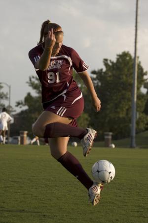Freshman Rachel Wannek executes a rainbow kick during a Reflector photo shoot. She has scored 3 goals on the year.
