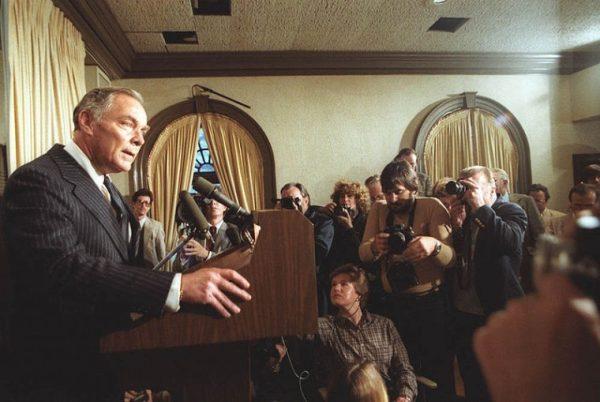 Al Haig, former Secretary of State, speaks to the press about President Ronald Reagan's condition after being shot on March 30, 1981.