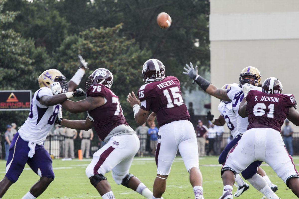 Dak Prescott, throws a pass in his first career start against Alcorn State. Prescott finished the day with 174 passing yards.
