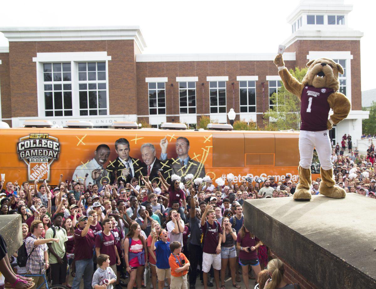 For the first time in MSU football history, the Bulldogs have reached No. 3 in the Associated Press poll. Saturday, the team is up against the No. 2 Auburn Tigers at Davis Wade Stadium at 2:30 p.m. College GameDay arrived and began set up for the weekend Thursday. The bus was greeted by the Famous Maroon Band, Bully and students ringing cowbells in front of the Colvard Student Union. 