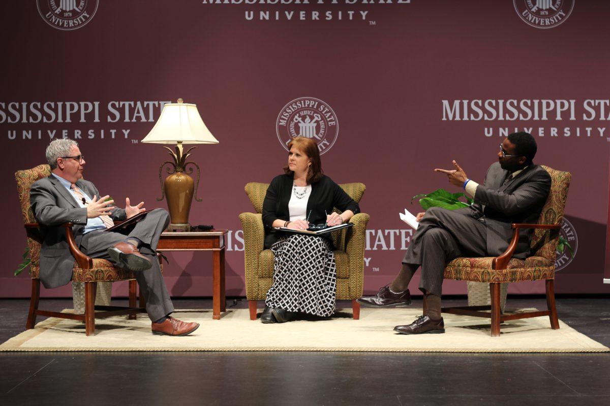 Christopher Snyder (left),  MSU’s dean of the Shackouls Honors College, Christopher Clark (right), a political science professor who visited MSU from North Carolina and discussed the role of religion and morality. 