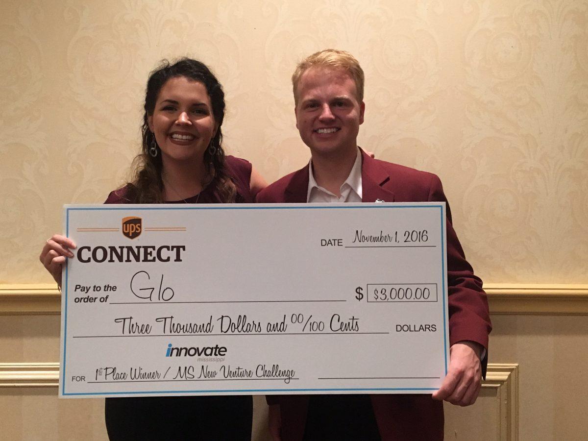 MSU students Kaylie Mitchell and Hagan Walker were awarded first place in the Innovative Mississippi New Venture Challenge for the creation of their product Glo.  