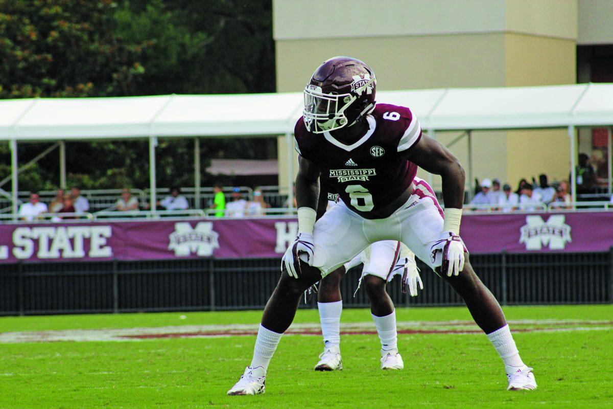 Willie Gay Jr., of Starkville, is in his pre-snap stance in MSU’s season opener against Charleston Southern University. The freshman linebacker plays in a backup role this season.