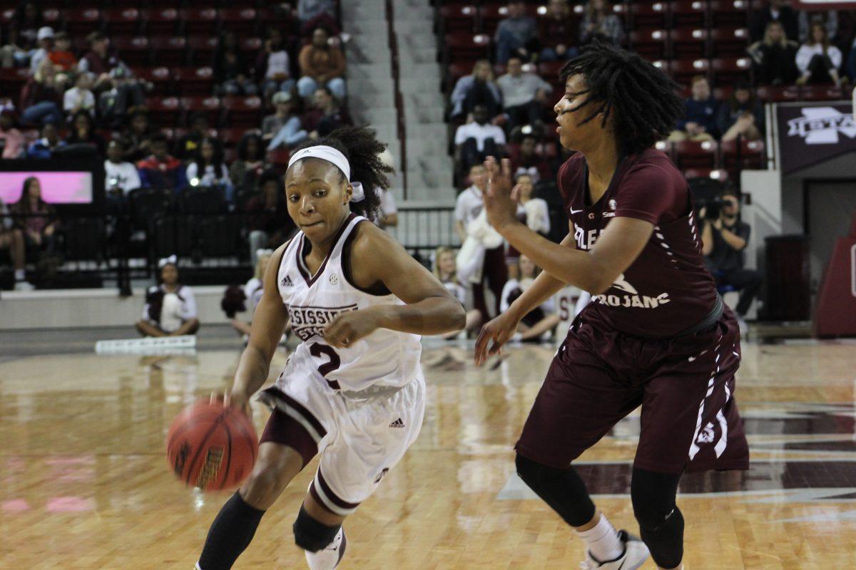 Morgan William drives to the basket in Mississippi State Universitys 86-48 win over Arkansas-Little Rock. William scored a season high 16 points. 