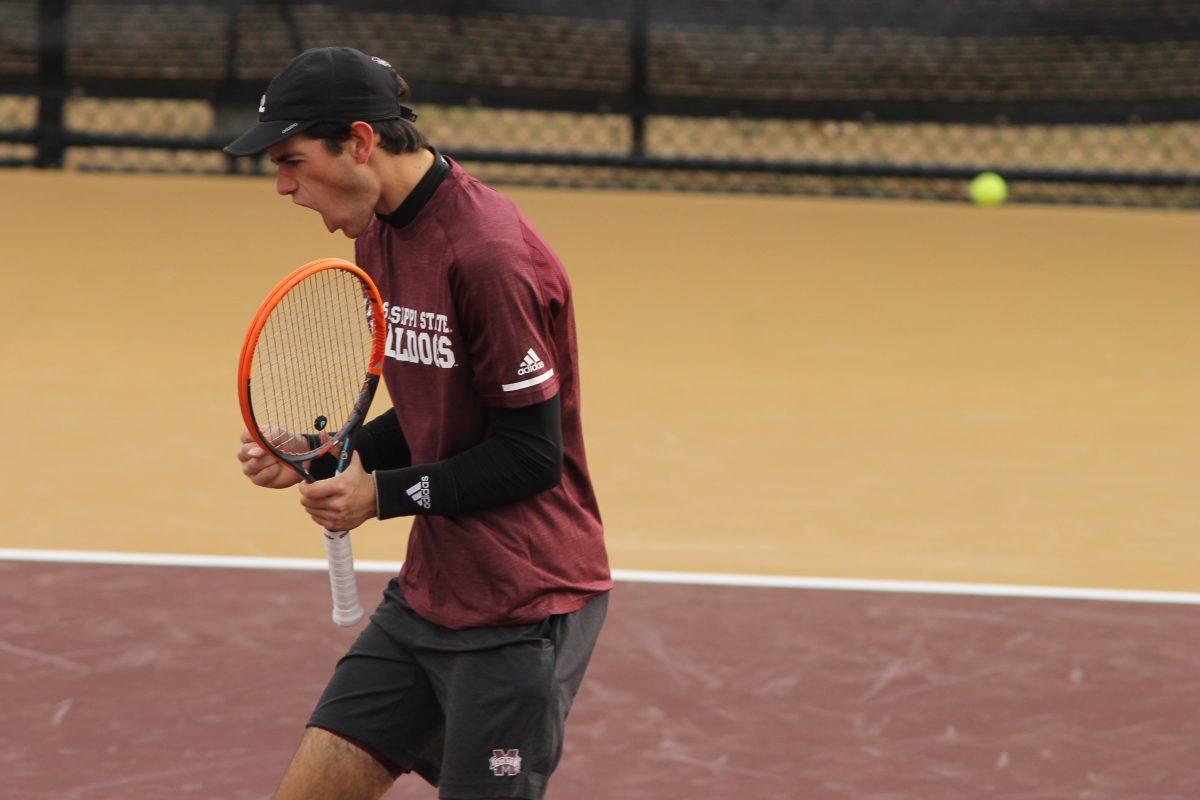 Nuno+Borges+celebrates+during+MSUs+day+of+matches+against+UAB.+The+Bulldogs+swept+the+Blazers+7-0.%26%23160%3B