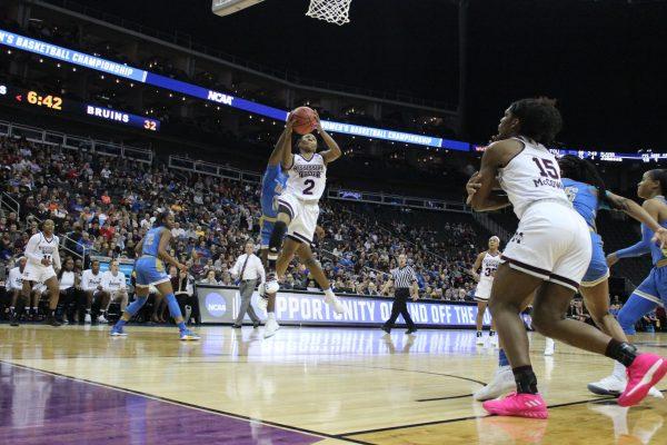 Morgan William attempts a lay-up in traffic in MSU's 89-73 win over UCLA.