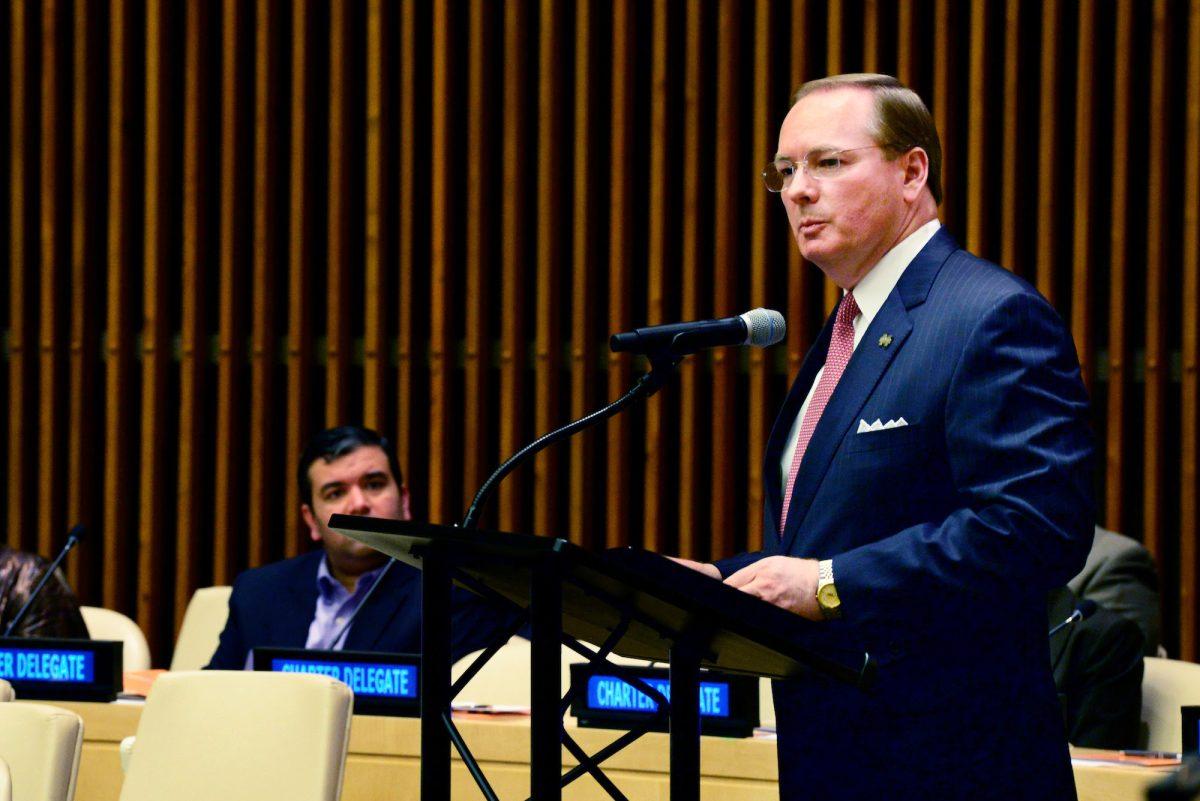 Mississippi State University President Mark E. Keenum addressed the United Nations in New York City, representing more than 30 universities in the U.S., Canada and Central America which formed a collective group with the focus of ending world hunger.
