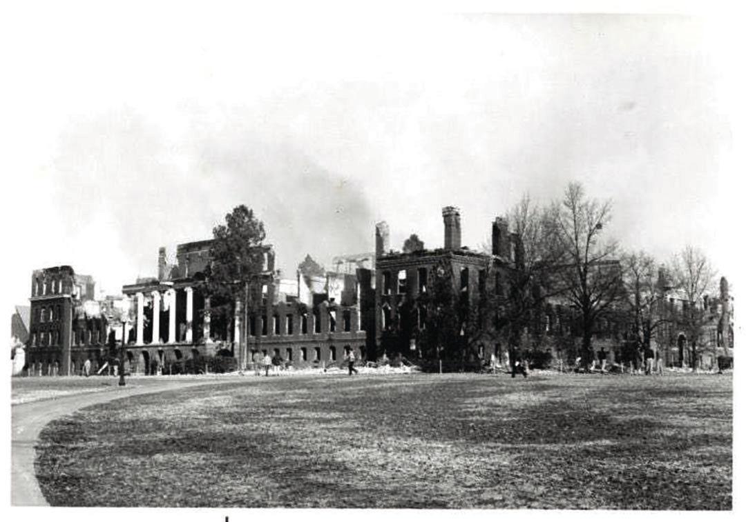 The Old Main Dormitory caught on fire in 1959, leaving behind a crumbling skeleton of bricks. It was located off the Drill Field and housed thousands of students.