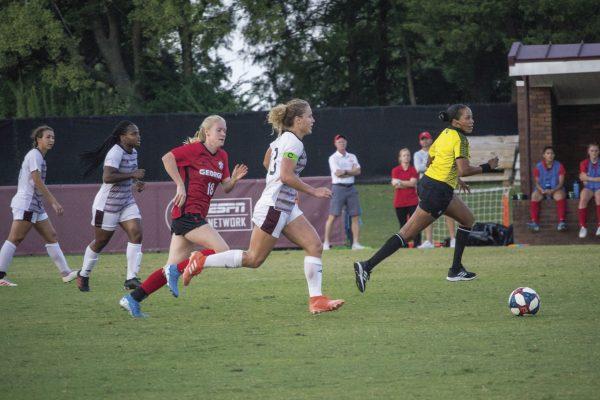 Makayla Waldner dribbles past a Georgia defender. MSU would suffer a 1-0 defeat in overtime. The next game will be against LSU on Oct. 24.