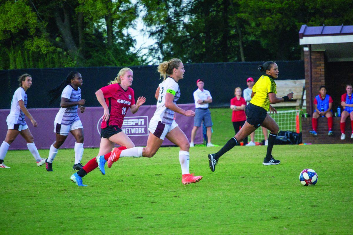 Makayla+Waldner+dribbles+past+a+Georgia+defender.+MSU+would+suffer+a+1-0+defeat+in+overtime.+The+next+game+will+be+against+LSU+on+Oct.+24.