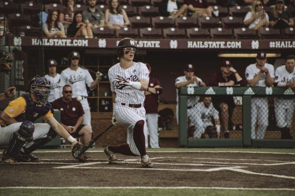 Rowdey Jordan swings the bat in a game against Louisiana State Universty last season. Opening day is on Feb. 14 against Wright State University.