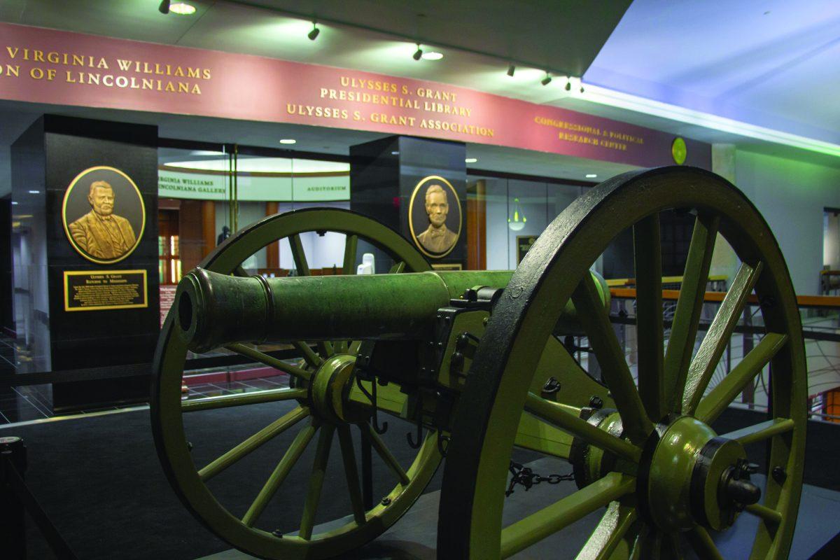 The newly unveiled six-pounder cannon sits outside the Ulysses S. Grant Presidential library.