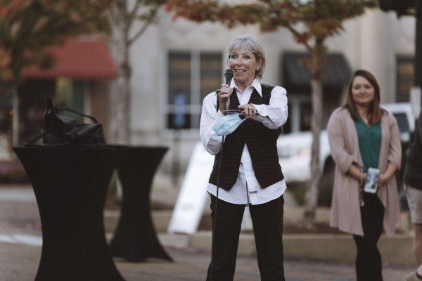 Starkville Mayor Lynn Spruill speaks at the second annual Talladegourd held downtown. Spruill later participated in the race and won.