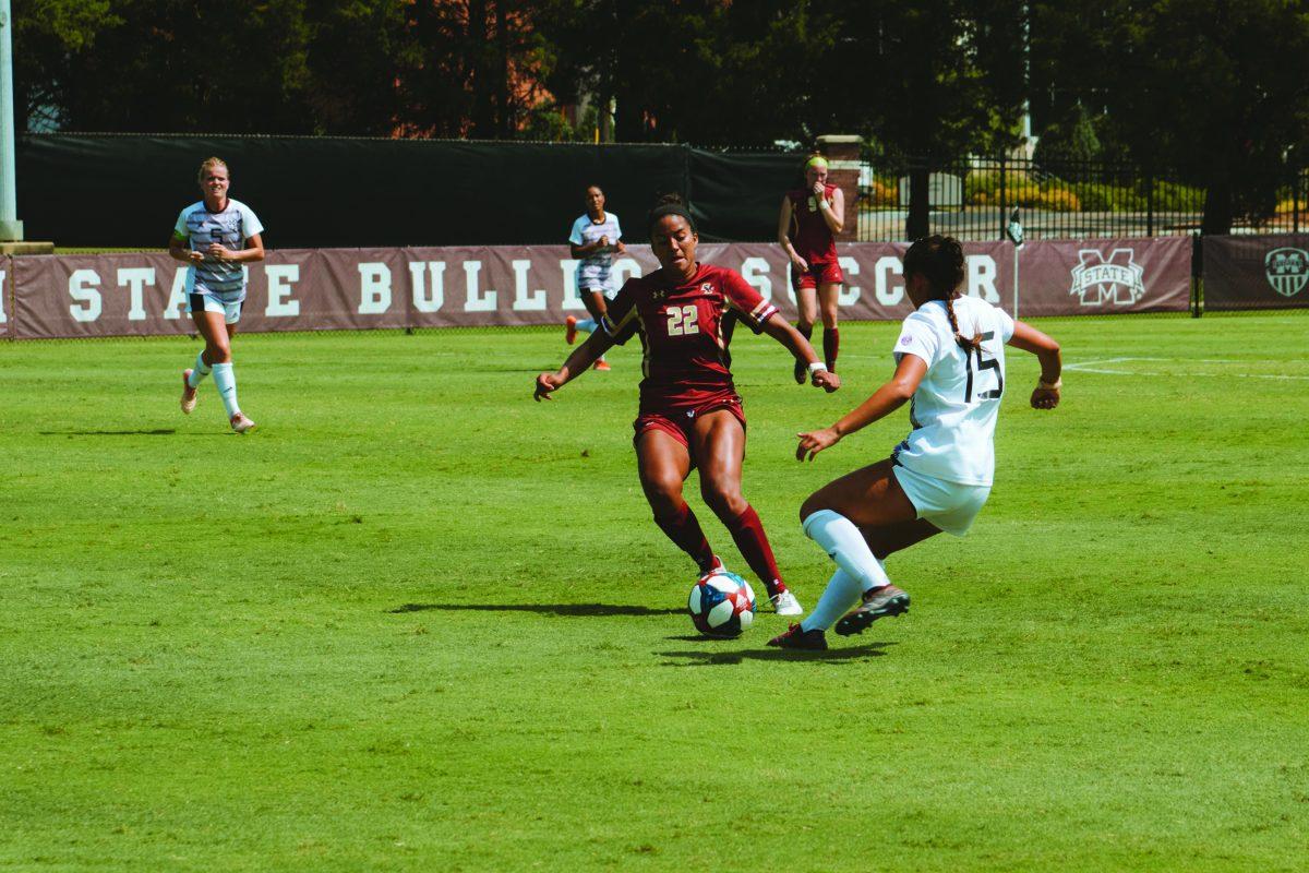 Miranda Carrasco, a junior defender from Cypress, Texas, plays for the Mississippi State University soccer team during a match against Boston College during the 2019 season.