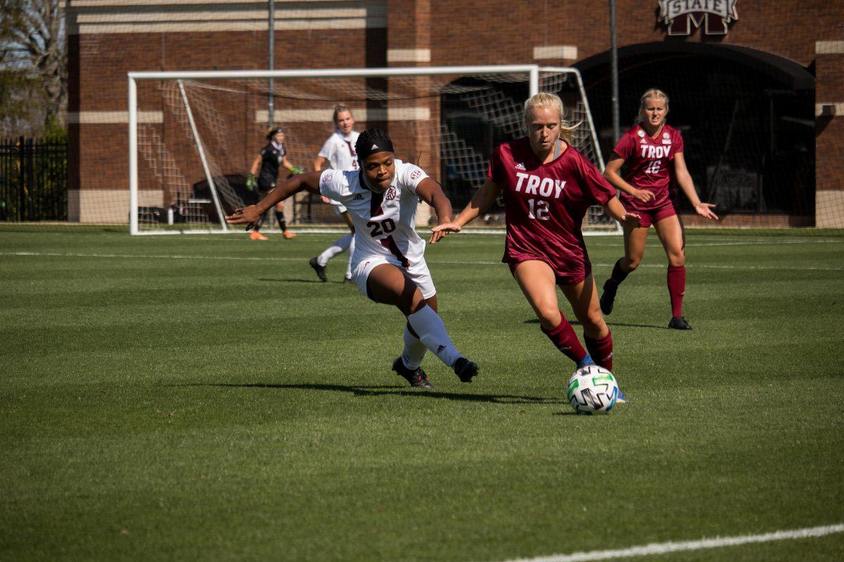 Marcella+Cash+protects+possession+of+the+ball+during+a+match+against+Troy+University+on+Saturday+in+Starkville%2C+Mississippi.