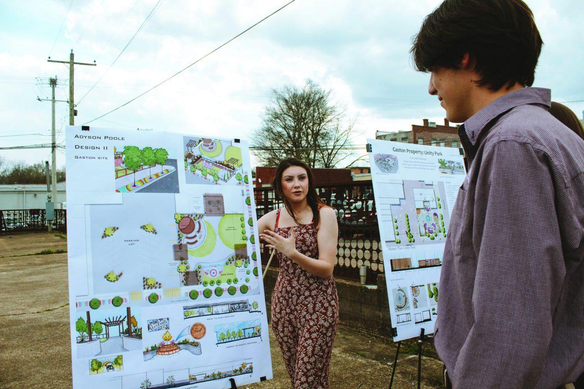 Adyson Poole, a landscape architecture student in Design II, discusses the details of her design which features elements for everyone, including families and college students.
