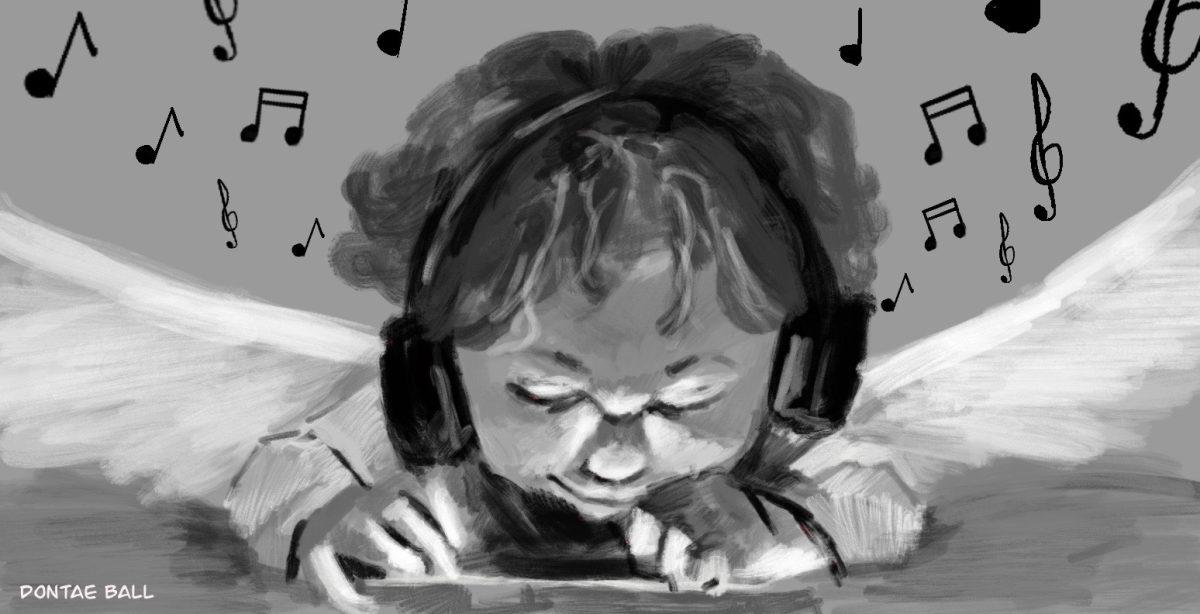 Cupid listening to music like an iPad kid would. 