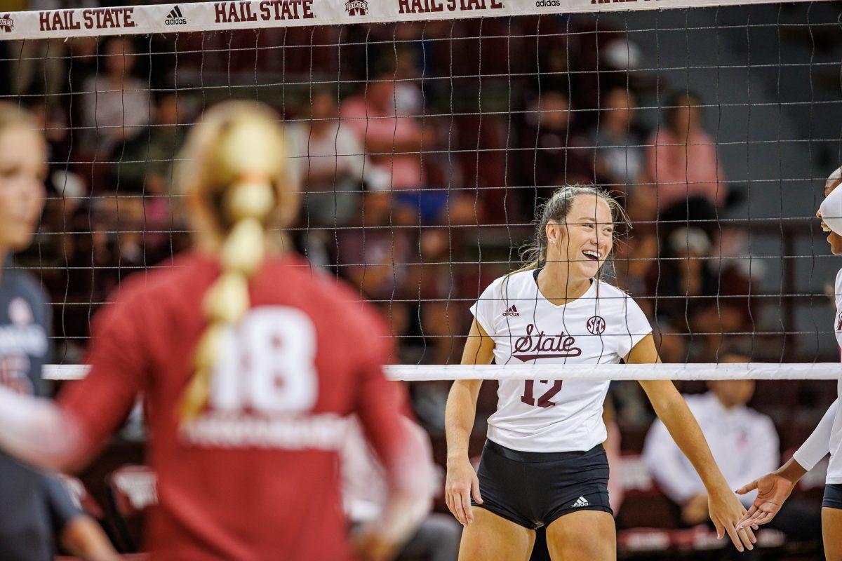 STARKVILLE, MS - October 02, 2022 - Mississippi State Setter Gabby Coulter (#12) during the match between the Arkansas Razorbacks and the Mississippi State Bulldogs at the Newell-Grissom Building in Starkville.