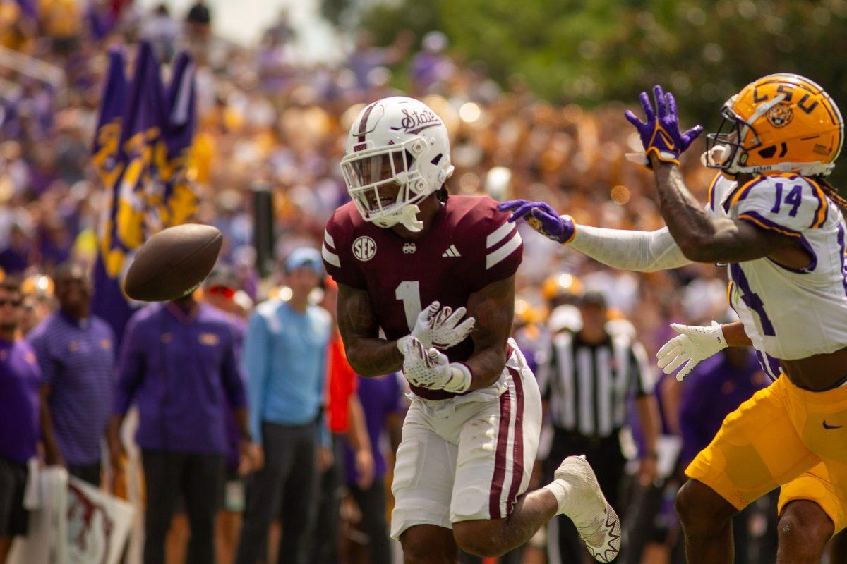 Mississippi State Wide Receiver Zavion Thomas (#1) during the game between the LSU Tigers and the Mississippi State Bulldogs at Davis Wade Stadium at Scott Field in Starkville, MS.