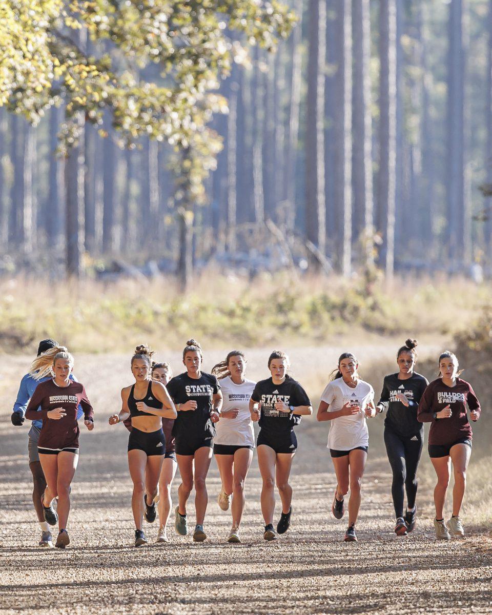 The Mississippi State womens cross country team training on an early morning at the Noxubee Wildlife Refuge.