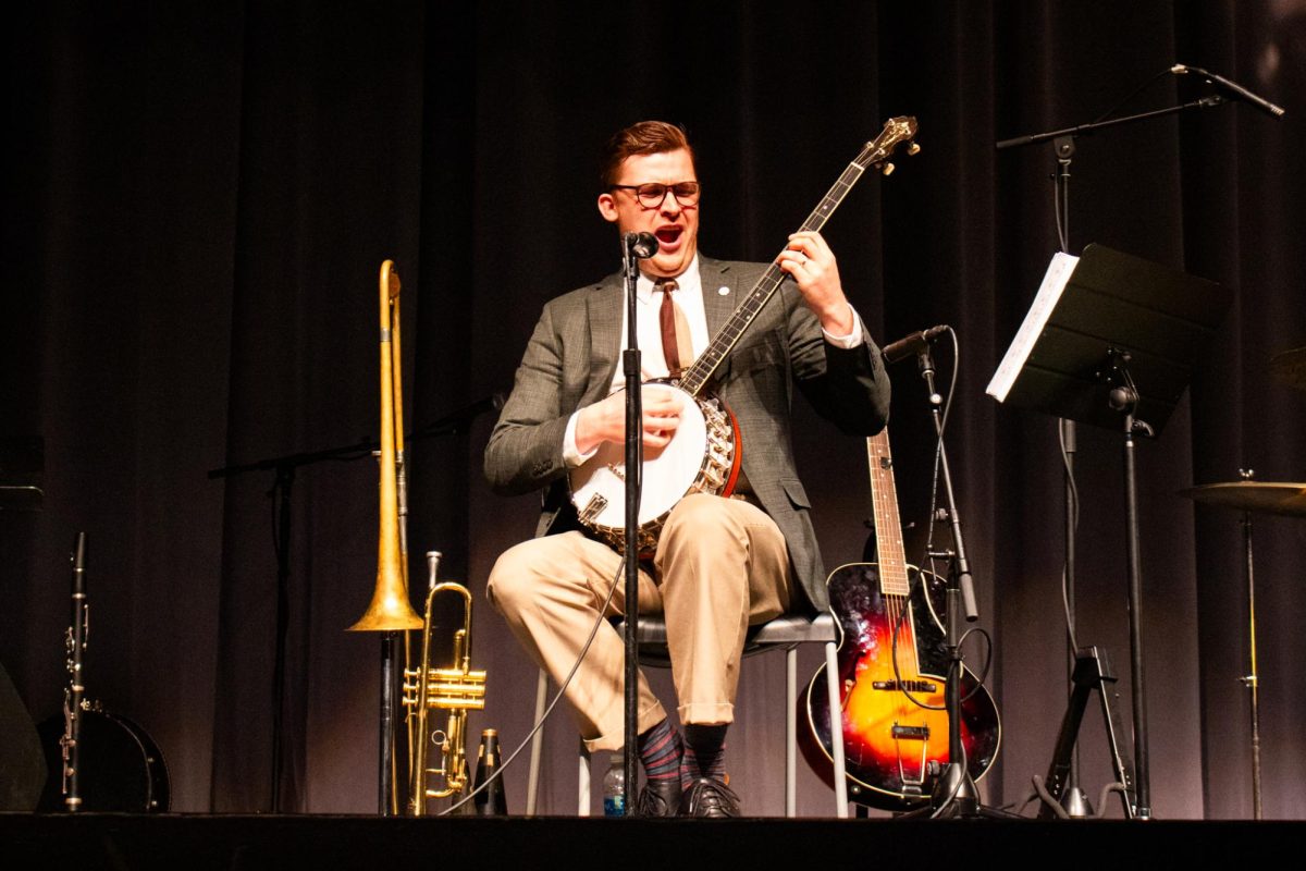 T.J. Muller performing on the McComas Hall Theater stage during the Ragtime Jazz Festival.