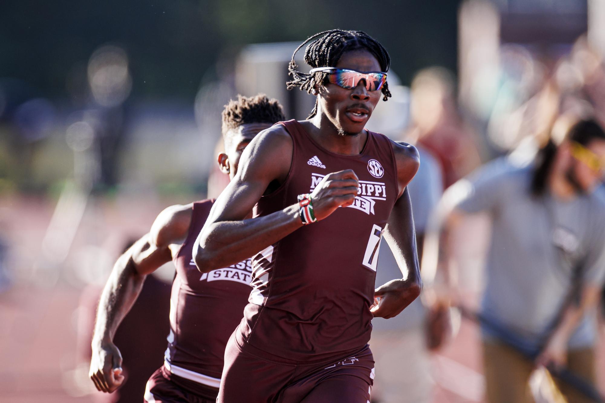 Mississippi State Sprinter Navasky Anderson during the  2023 Maroon and White Invite at the Mike Sanders Track Complex in Starkville, MS. 