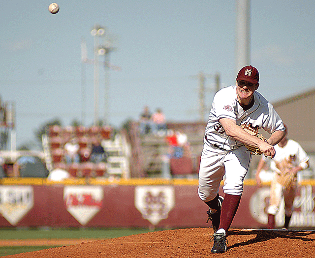 Sunday's starting pitcher Jeff Lacher finishes his delivery. He allowed two hits in six innings on the hill.