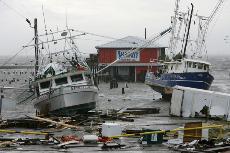 Shrimp boats ran aground during Hurricane Gustavs storm surge in Pass Christian Harbor on Monday.