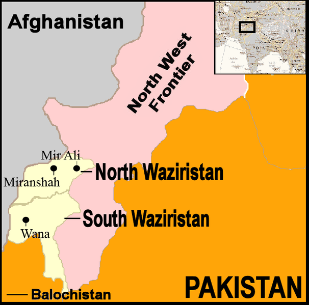 Map+showing+location+of+North+and+South+Waziristan+in+northern+Pakistan+and+bordering+on+Afghanistan.