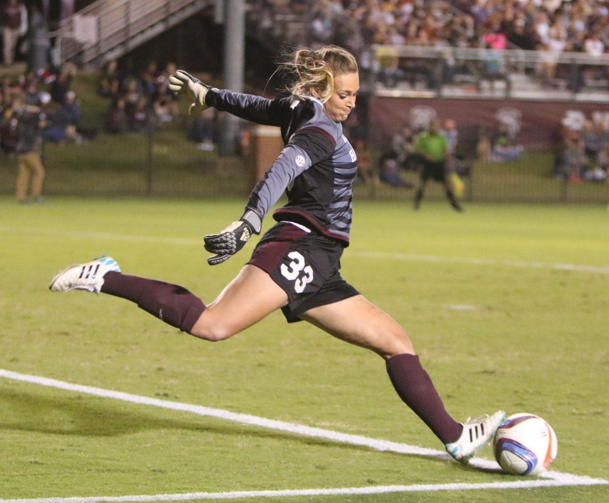 Freshman goal keeper Courtney Thompkins loads up for a goal kick during the Bulldogs home game against No. 13 Florida. 