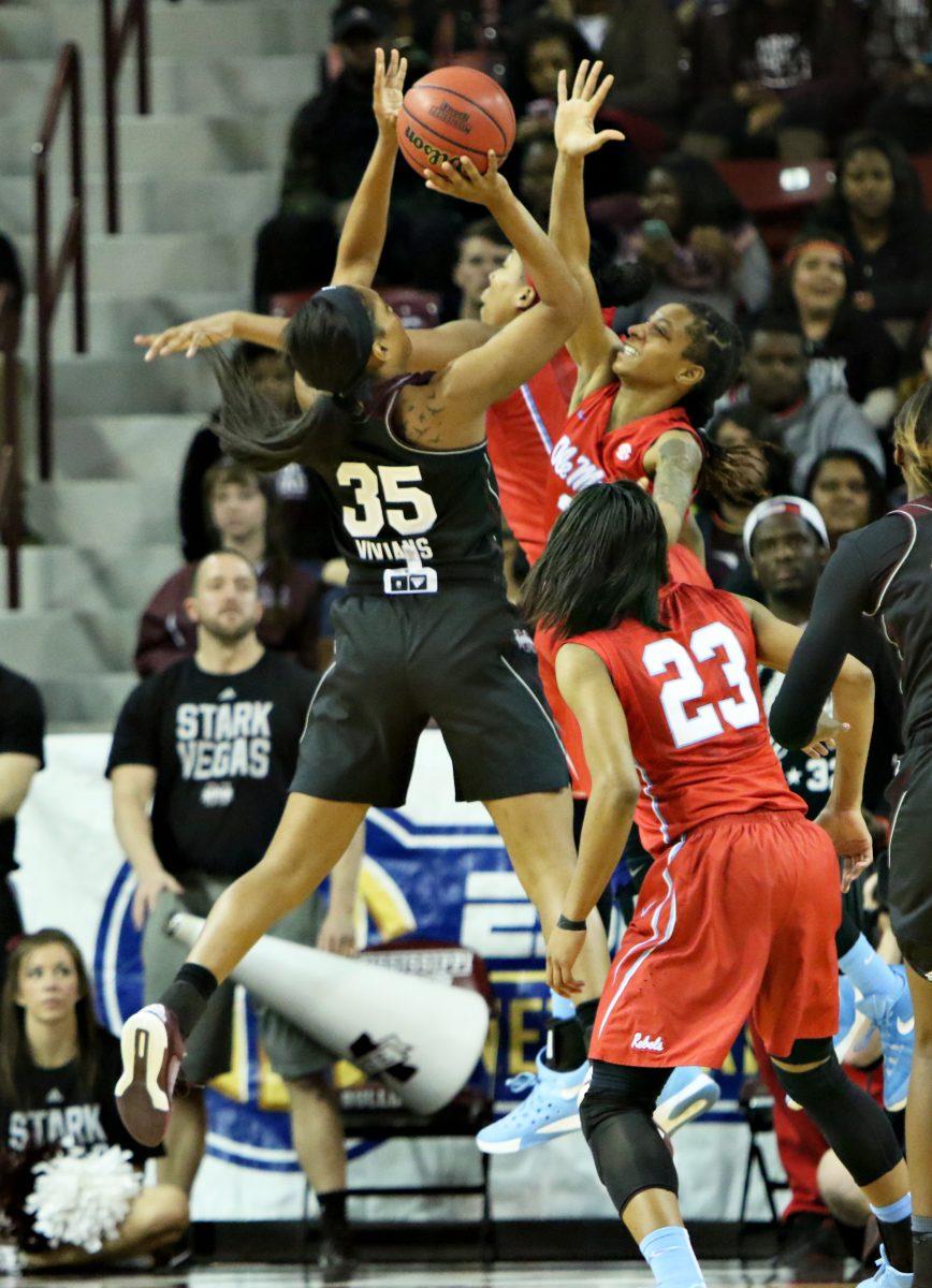 Victoria Vivians (pictured), the Bulldogs leading scorer, goes up for a basket against a host of Ole Miss defenders in last Sunday’s game. 