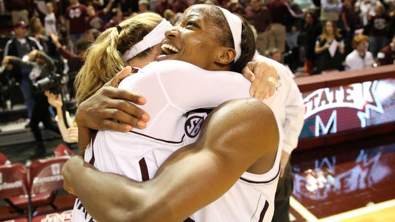 Teammates Chinwe Okorie and Blair Schaefer embrace during their historic win against Tennessee last week. Thursday’s game broke a 36-game losing streak against the Volunteers for the Bulldogs. 