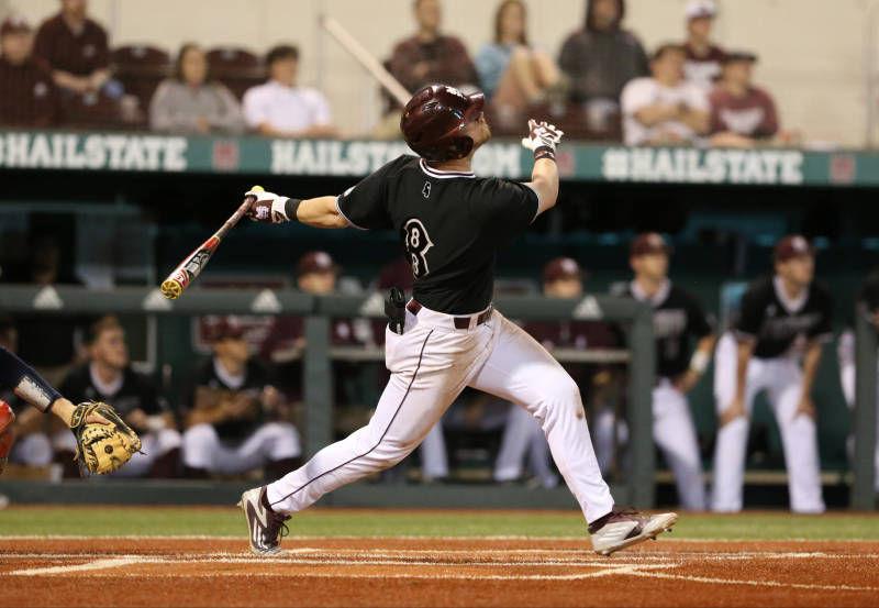 Junior+third+baseman+Gavin+Collins%28pictured%29+follows+through+on+a+swing.+Collins+hit+two+home+runs+in+MSU%26%238217%3Bs+7-3+victory+over+South+Alabama+at+home+on+Tuesday.