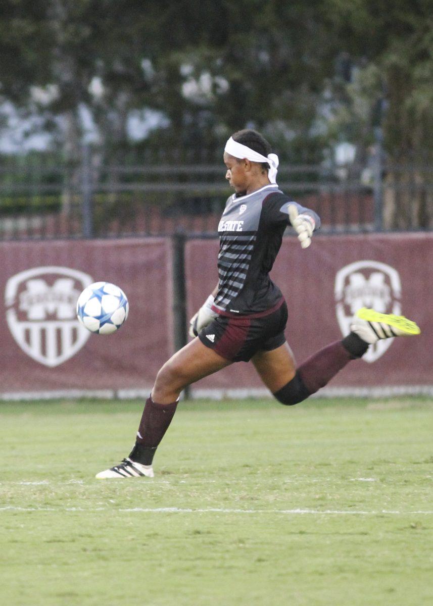 Junior goalkeeper Tanya de Souza punts the ball against Vanderbilt. Mississippi State lost 2-1.