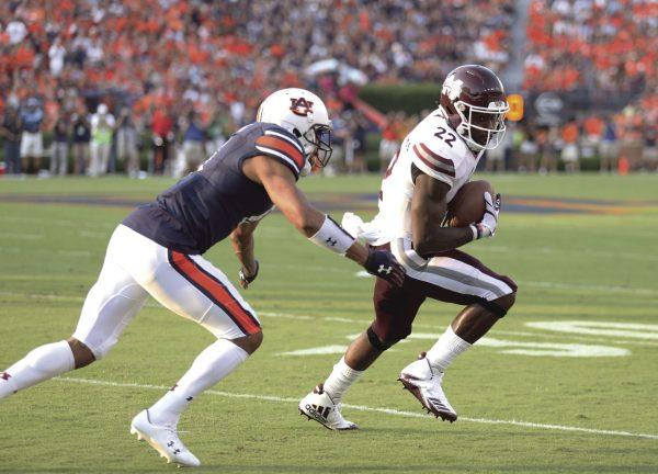 Running back Aeris Williams, of West Point, cuts to the outside in MSU’s 49-10 loss at Auburn on Saturday. MSU fell out of the polls after the loss.