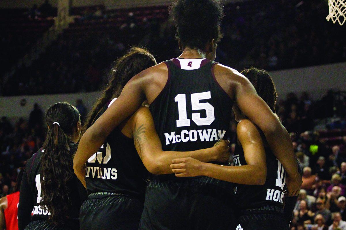 MSU players huddle up during their 76-45 victory over Ole Miss earlier in January.