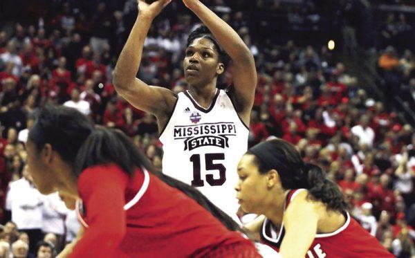 Teaira McCowan, a junior center from Brenham, Texas, shoots a free throw in MSU's win in the Final Four on Friday night.