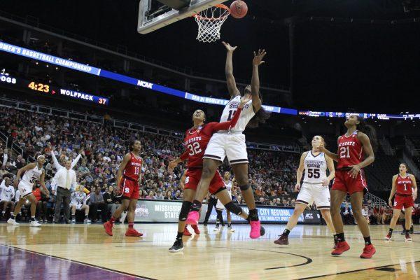 Teaira McCowan, a junior center from Brenham, Texas, grabs a rebound during MSU's 71-57 win over NC State.