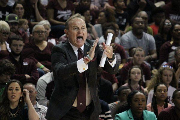 Head coach Vic Schaefer coaches his team during MSU's win during the first round of the NCAA Tournament.