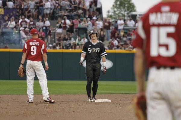 Elijah MacNamee, a junior from Cypress, Texas, stands on second base. MacNamee had three hits and three RBIs in the weekend's sweep over No. 3 Arkansas.