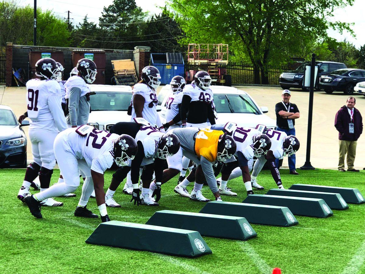 Mississippi State University defensive linemen prepare for spring game and upcoming season in individual drills during spring practices.
