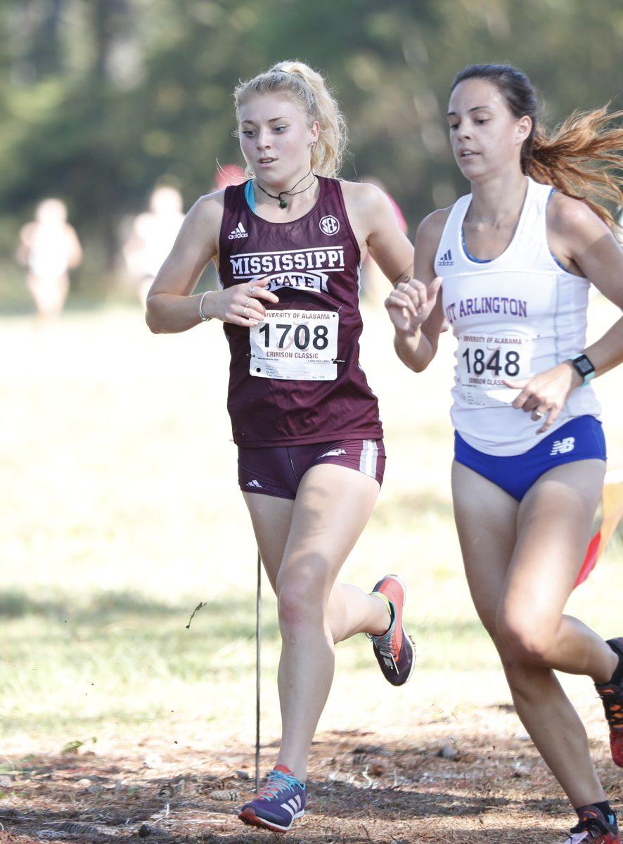 Katherine Badham, a sophomore from Auckland, New Zealand, running in the Crimson Classic last season. She ran a personal best of 18:53 at the Memphis Twilight 5K on Sept. 1.
