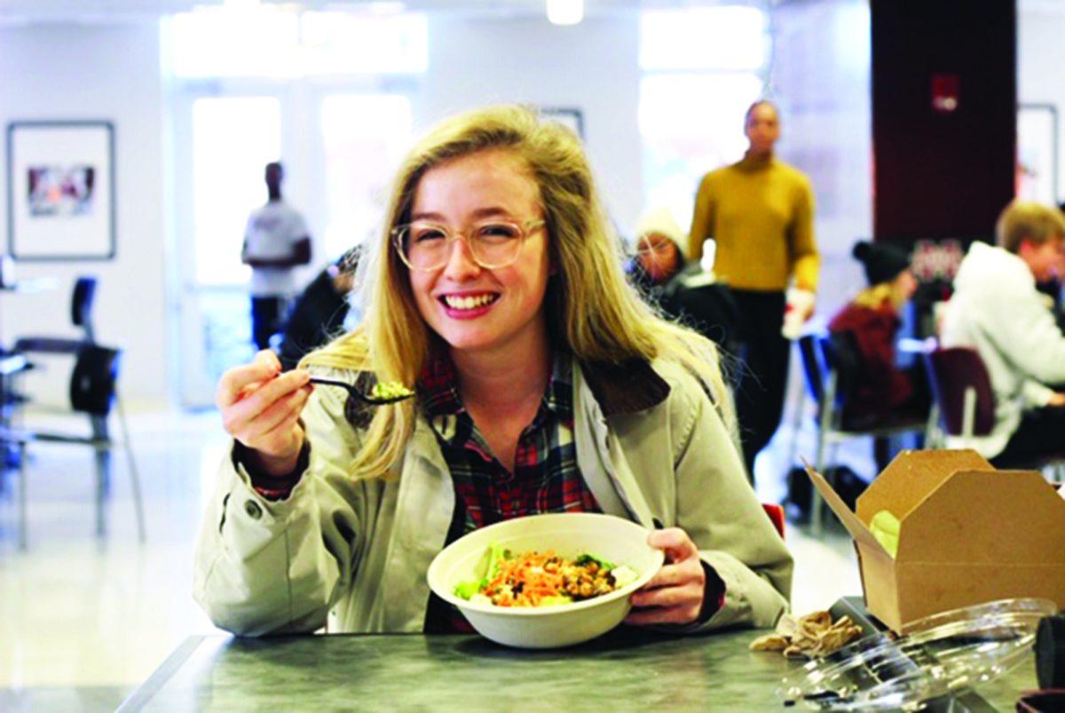 Eleanor Jenkins, a freshman educational psychology major, eats at OLILO in the Colvard Student Union.