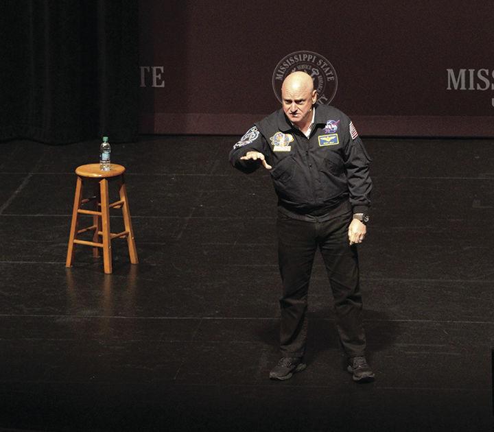 Retired Astronaut and U.S. Navy Commander Scott Kelly speaks to students about his many experiences in his life and his time on the International Space Station on Thursday evening in the Bettersworth Auditorium at Lee Hall. 