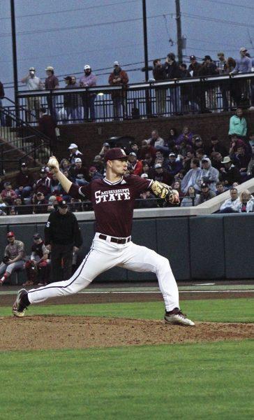 Senior right-handed pitcher Peyton Plumlee pitches two innings of the opening game on Feb. 15 at the Dudy Noble Field. MSU defeat Youngstown State 14-3 in the first game in the new Dude. 