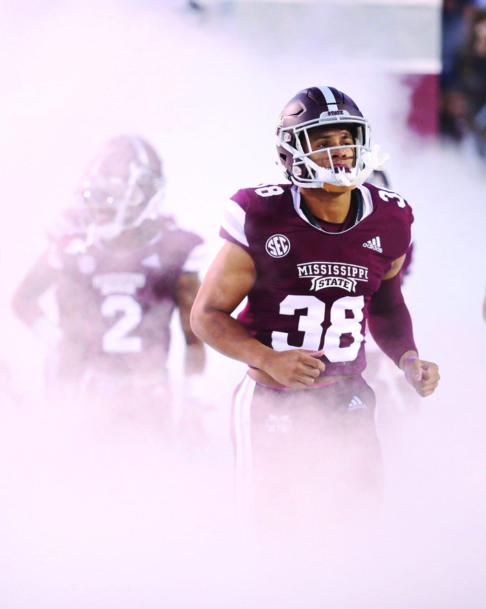 Johnathan Abrams runs onto the field during the Texas A&M game in the fall. Abrams is expected to be drafted into the National Football League.